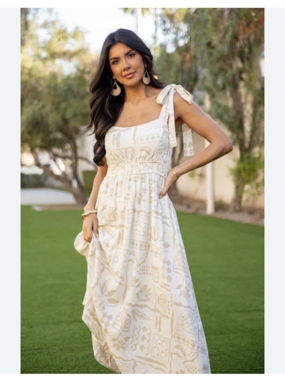 By The River Dress Sz M Soft Airy Floral Feminine Neutral Tropical Linen Blend